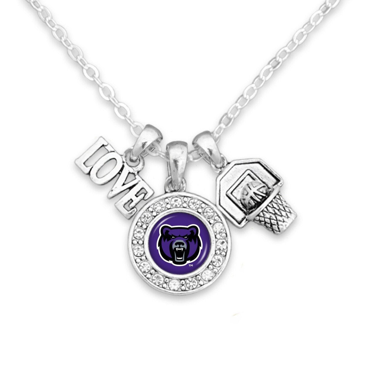 Officially Licensed CENTRAL ARKANSAS BEARS Necklace with Basketball, Love and Logo Pewter Charms Sterling Plated - Univ of Central Arkansas