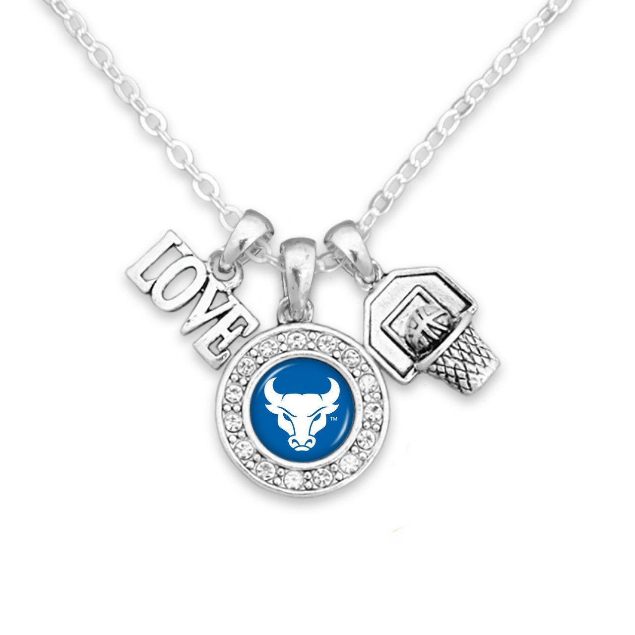 Officially Licensed BUFFALO BULLS Necklace with Basketball, Love and Logo Pewter Charms Sterling Plated - University at Buffalo