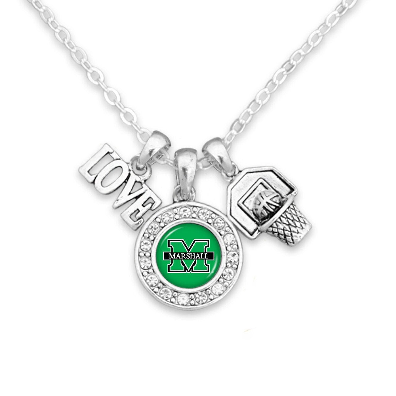 Officially Licensed MARSHALL THUNDERING HERD Necklace with Basketball, Love and Logo Pewter Charms Sterling Plated - Marshall University