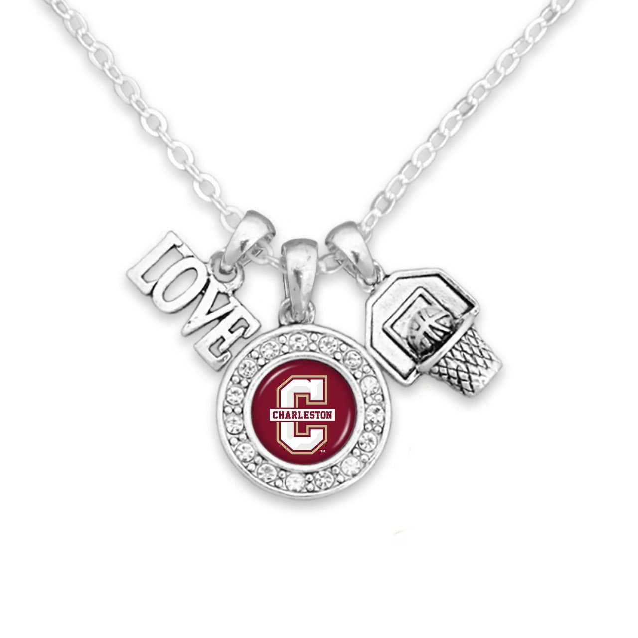 Officially Licensed CHARLESTON COUGARS Necklace with Basketball, Love and Logo Pewter Charms Sterling Plated - College of Charleston