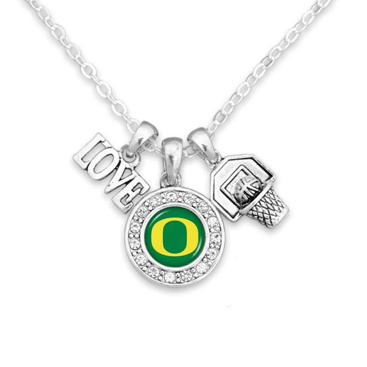 Officially Licensed OREGON DUCKS Necklace with Basketball, Love and Logo Pewter Charms Sterling Plated - University of Oregon