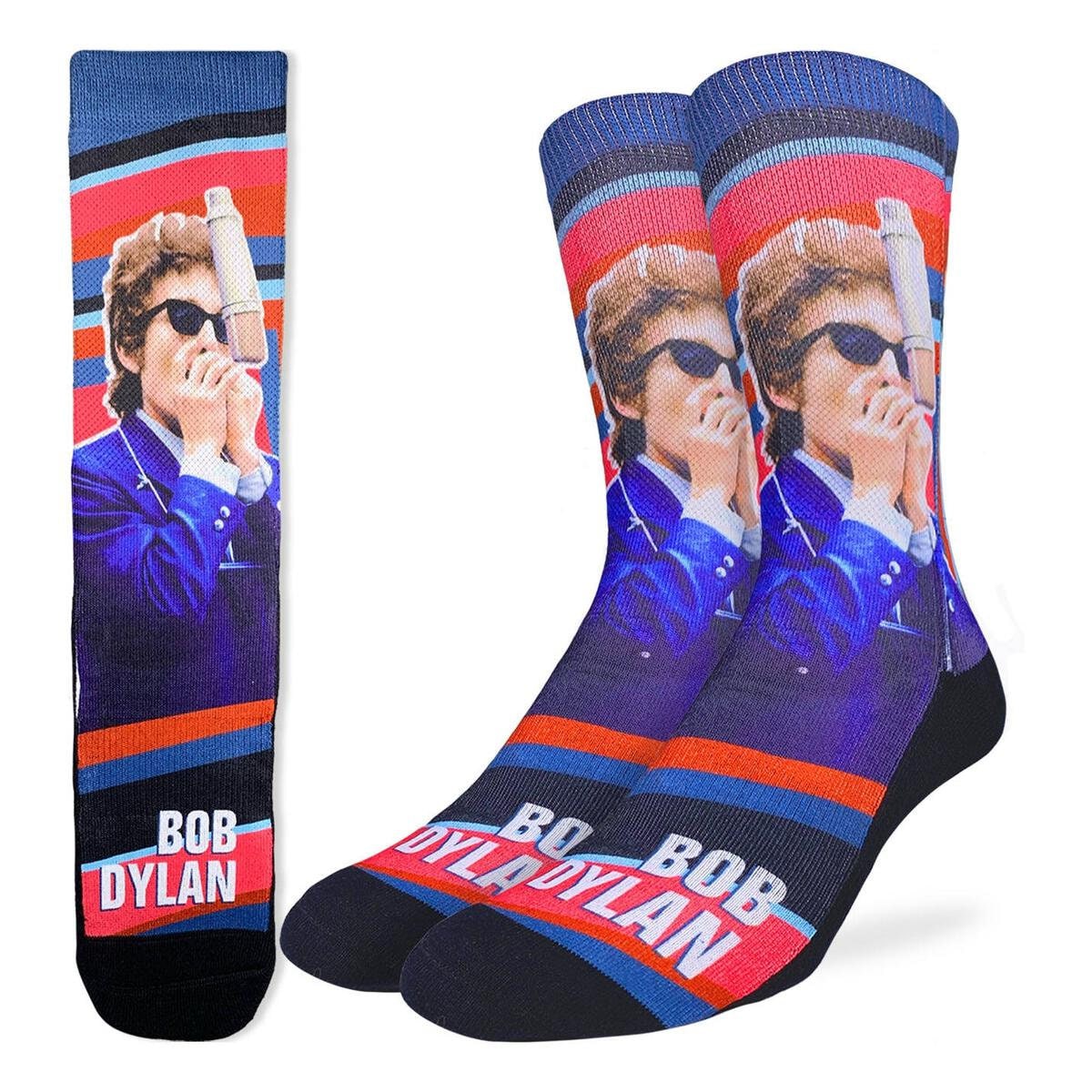 BOB DYLAN Playing Harmonica Crew Socks - Officially Licensed Rock Band Music Novelty Socks - Men's Adult 8-12 Unisex - Craft Costume Supply