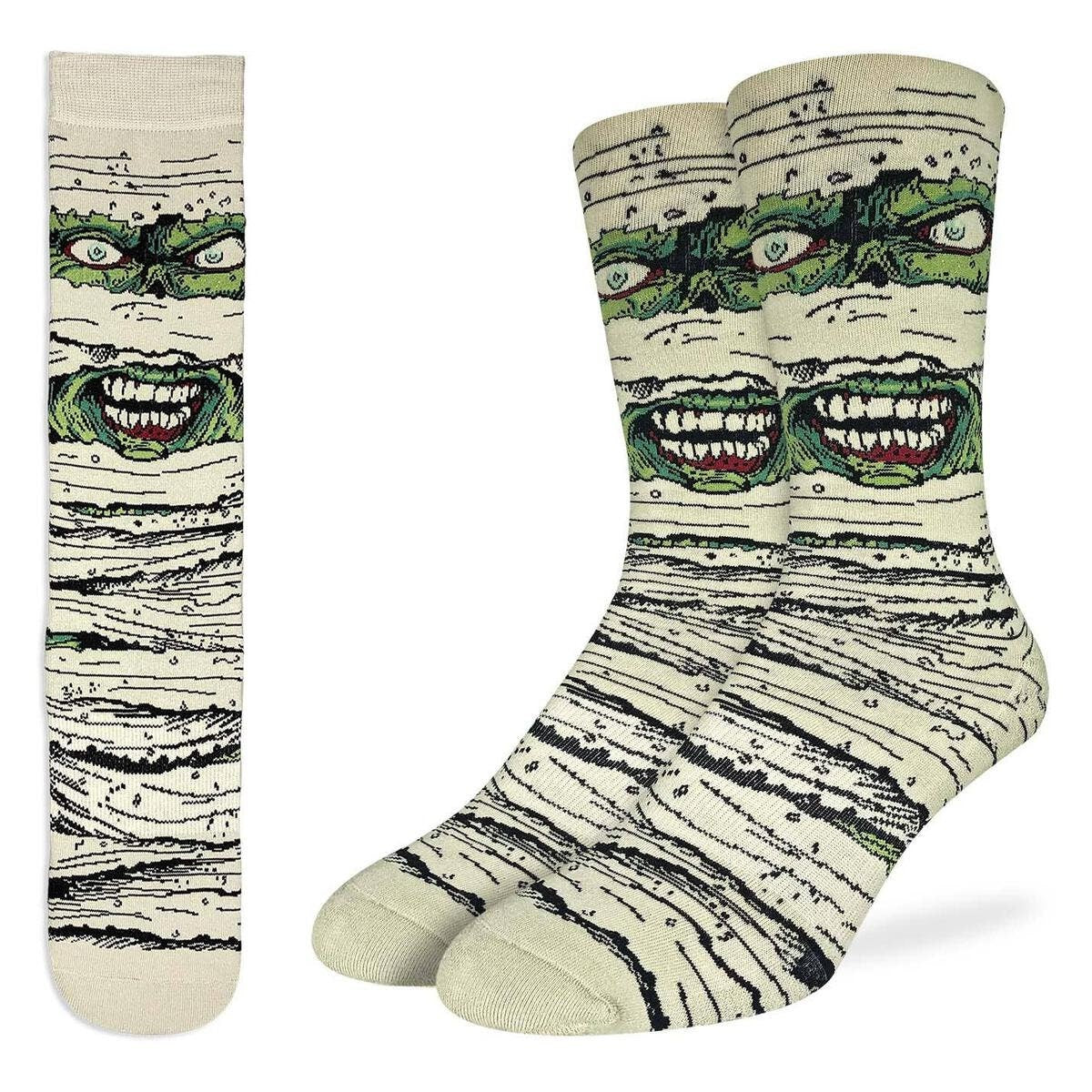 EVIL MUMMY Crew Socks - Mummy Grin Smile Novelty Active Fit Socks - Men's Adult 8-12 Unisex - For Craft Costume Supply