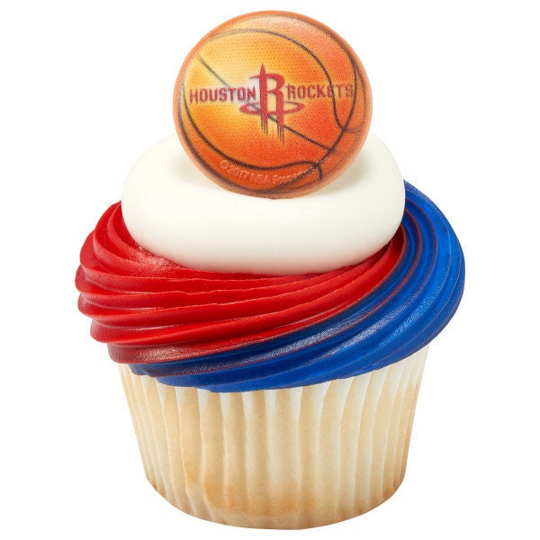 12 HOUSTON ROCKETS Cupcake Rings - NBA Houston Rockets Cake Toppers for Birthday Party Decoration Craft Supply
