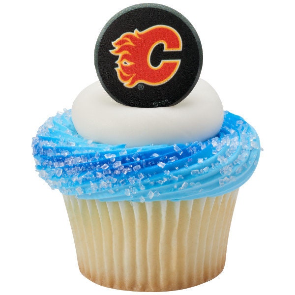 12 CALGARY FLAMES Cupcake Rings - NHL Calgary Flames Cake Toppers for Birthday Party Decoration Craft Supply
