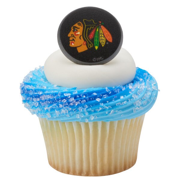12 CHICAGO BLACKHAWKS Cupcake Rings - NHL Chicago Blackhawks Cake Toppers for Birthday Party Decoration Craft Supply