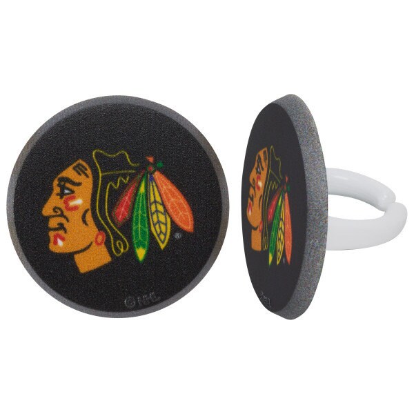 12 CHICAGO BLACKHAWKS Cupcake Rings - NHL Chicago Blackhawks Cake Toppers for Birthday Party Decoration Craft Supply