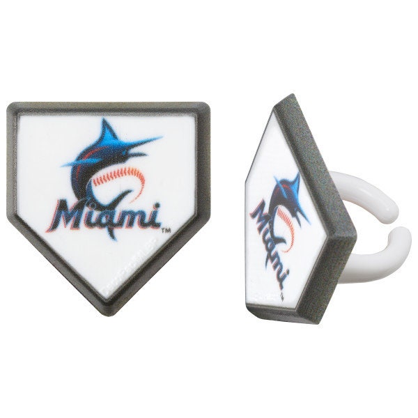 12 MIAMI MARLINS Cupcake Rings - MLB Miami Marlins Home Plate Cake Toppers for Birthday Party Decoration Craft Supply