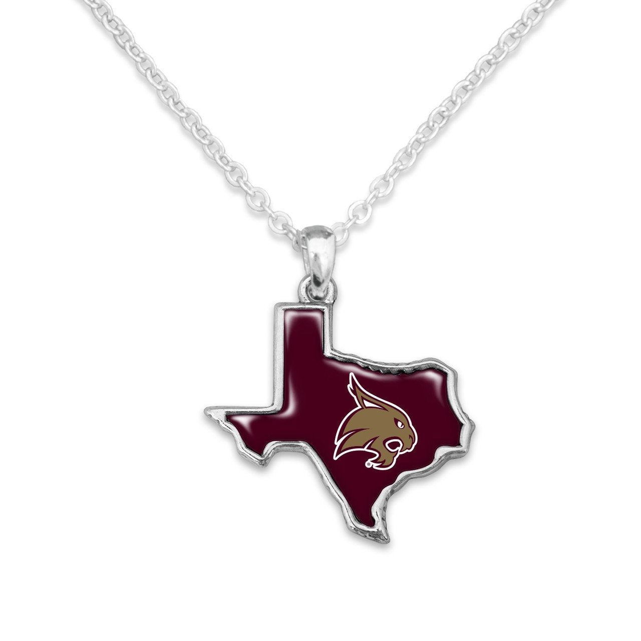 Officially Licensed TEXAS STATE Bobcats Necklace - State of Mine Logo Pewter Charm Sterling Plated - Texas State University