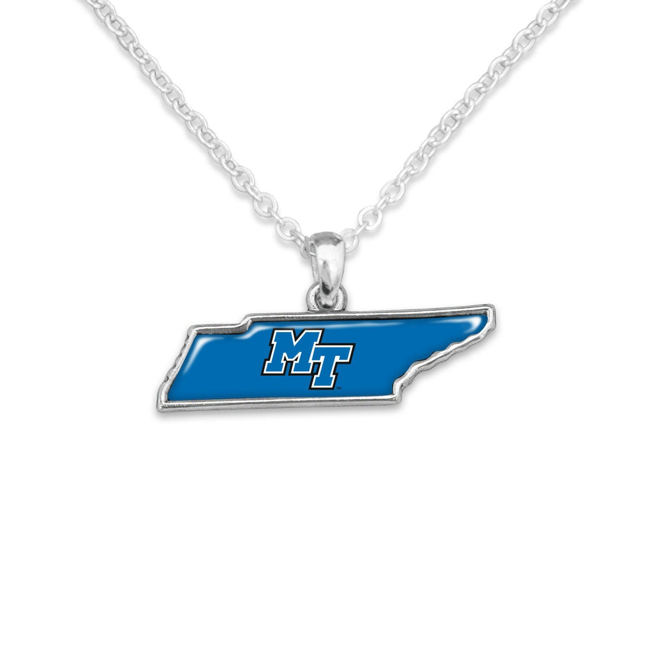 Officially Licensed MIDDLE TENNESSEE Blue Raiders Necklace - State of Mine Logo Pewter Charm Sterling Plated - MTSU Middle Tennessee State