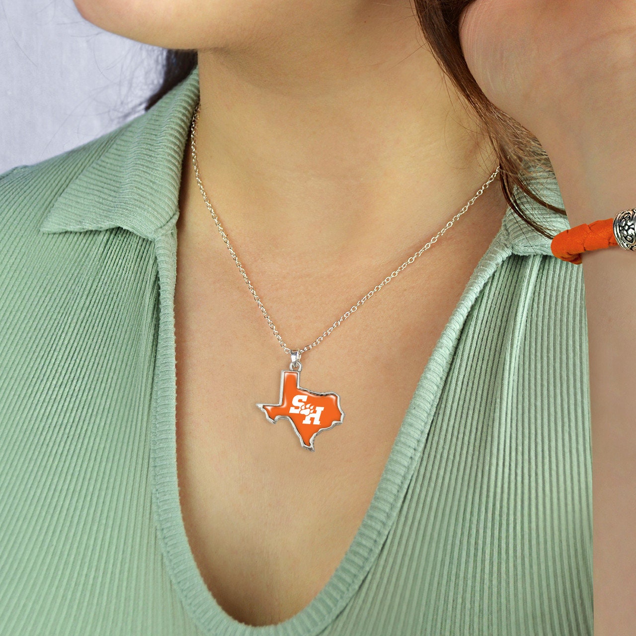 Officially Licensed SAM HOUSTON Bearkats Falcons Necklace - State of Mine Logo Pewter Charm Sterling Plated - Sam Houston State University