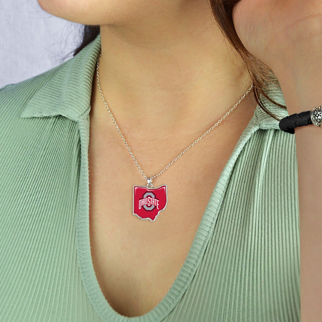 Officially Licensed OHIO STATE Buckeyes Necklace - State of Mine Logo Pewter Charm Sterling Plated - Ohio State University
