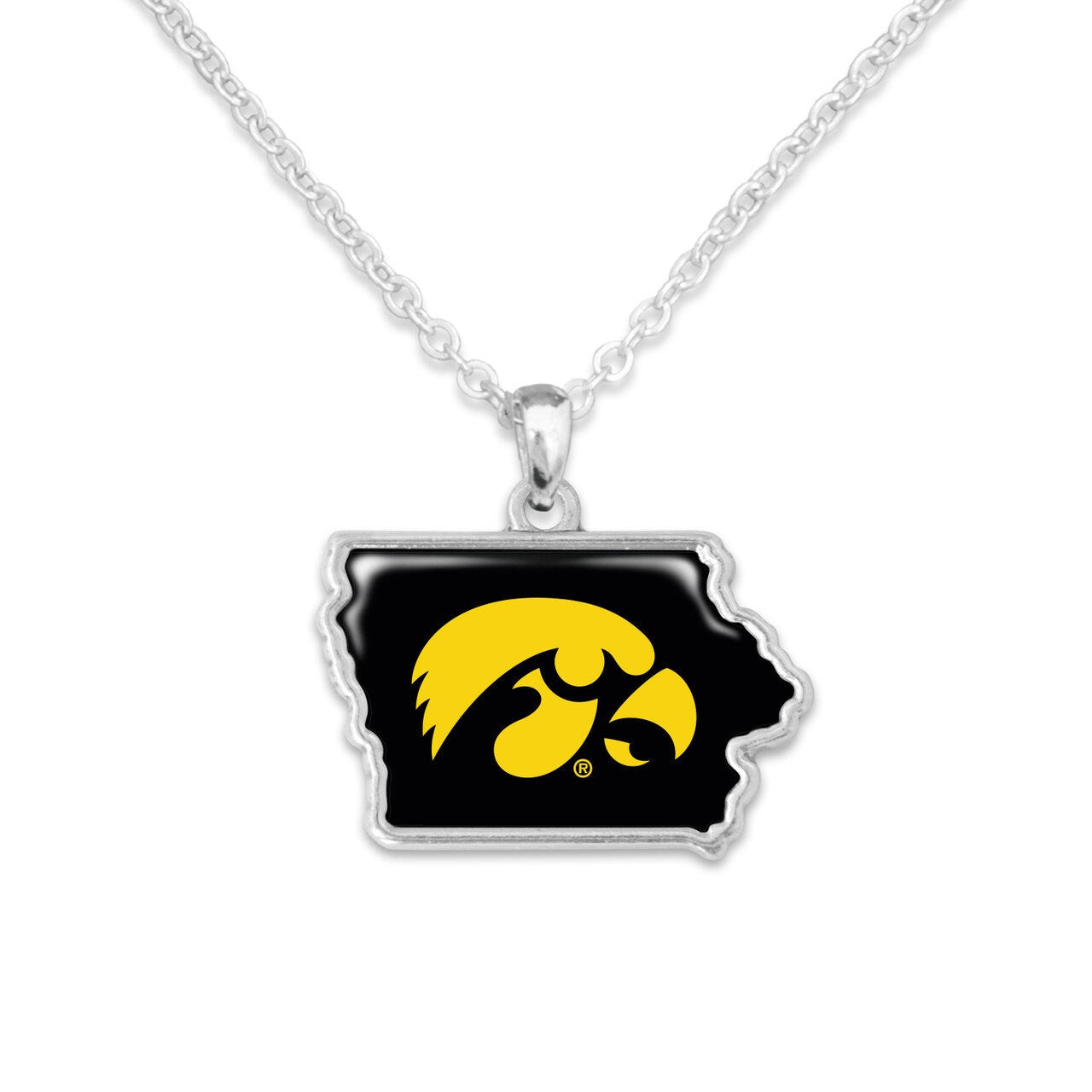 Officially Licensed IOWA Hawkeyes Necklace - State of Mine Logo Pewter Charm Sterling Plated - University of Iowa
