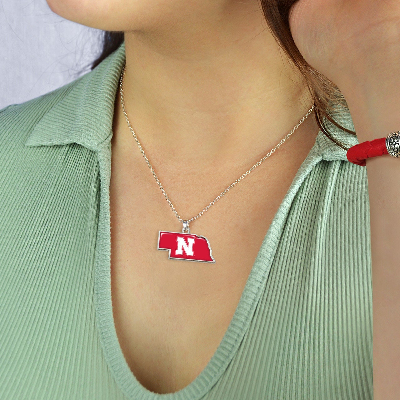 Officially Licensed NEBRASKA Cornhuskers Necklace - State of Mine Logo Pewter Charm Sterling Plated - University of Nebraska
