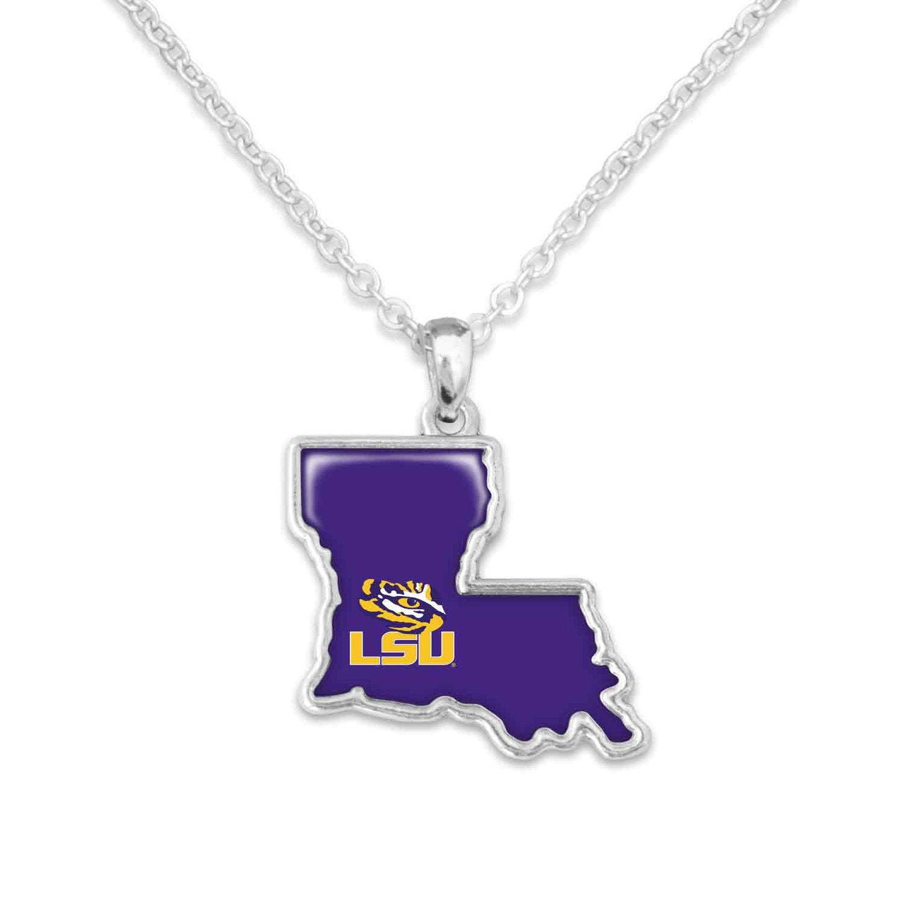 Officially Licensed LSU TIGERS Necklace - State of Mine Logo Pewter Charm Sterling Plated - Louisiana State University