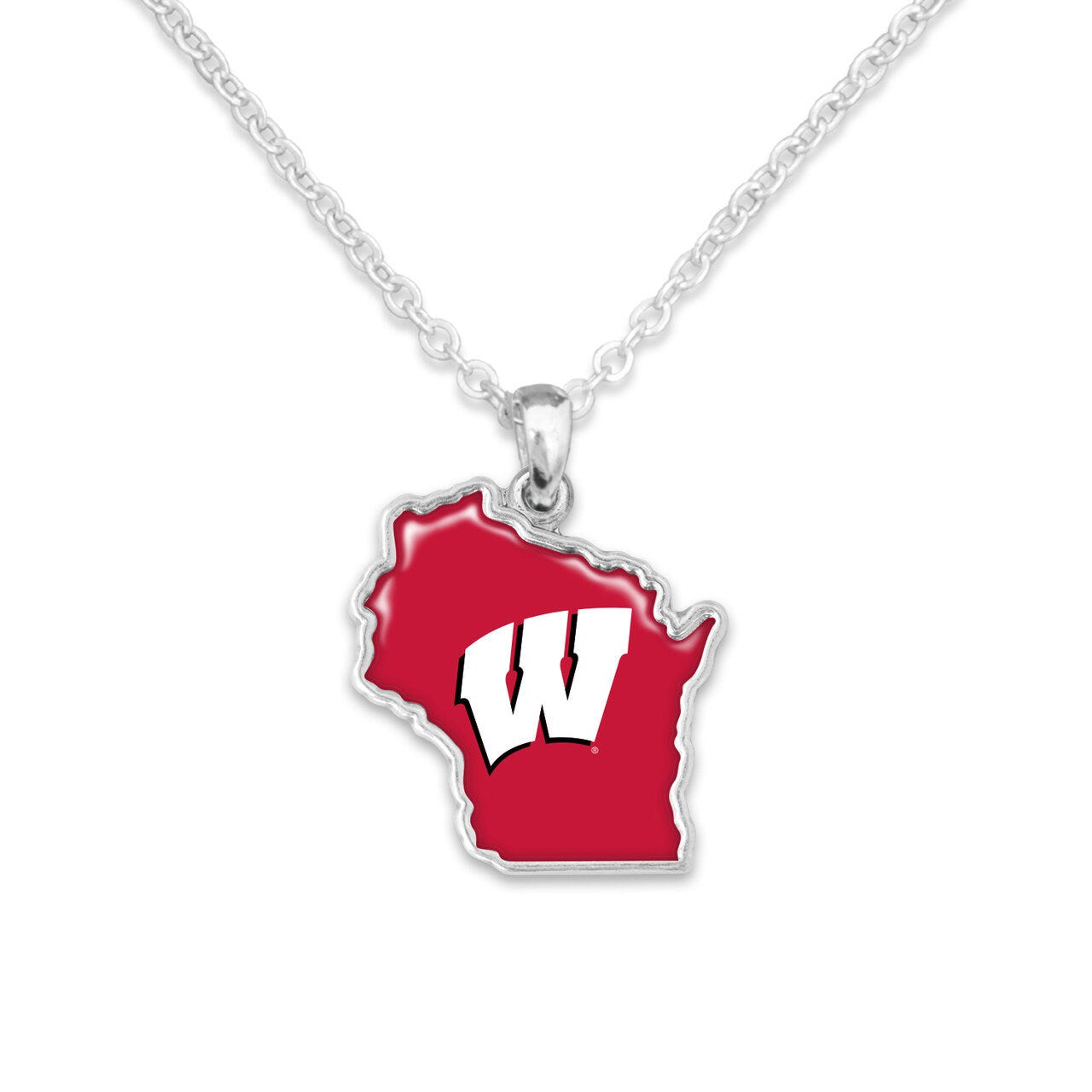 Officially Licensed WISCONSIN BADGERS Necklace - State of Mine Logo Pewter Charm Sterling Plated - University of Wisconsin