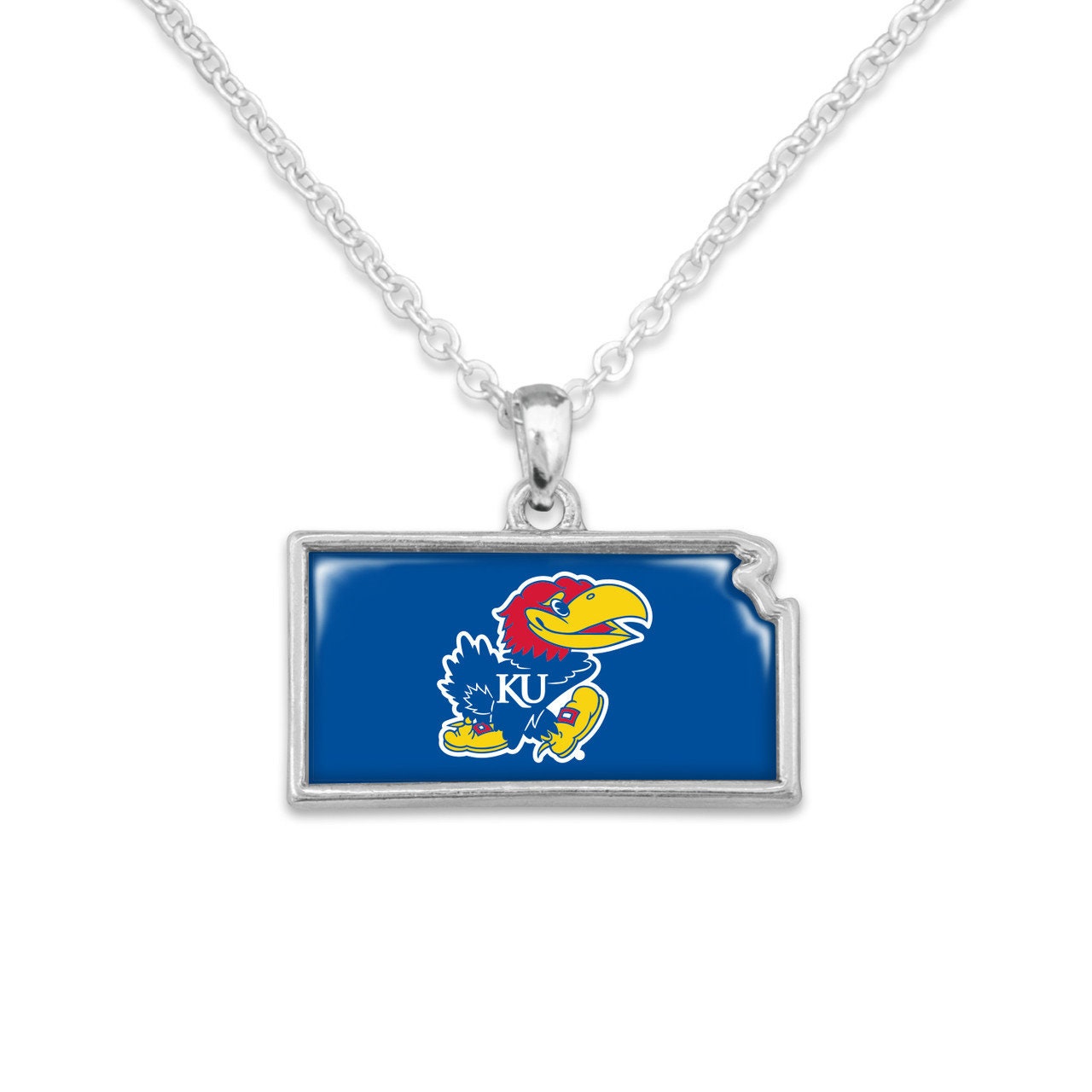 Officially Licensed KANSAS JAYHAWKS Necklace - State of Mine Logo Pewter Charm Sterling Plated - University of Kansas