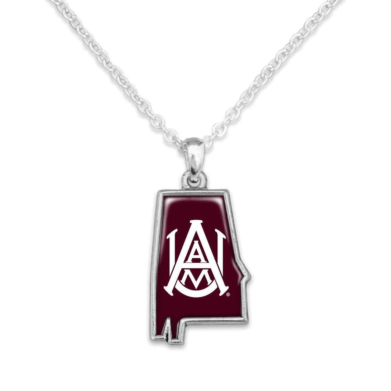 Officially Licensed ALABAMA A&M Bulldogs Necklace - State of Mine Logo Pewter Charm Sterling Plated - Alabama Agricultural Mechanical Univ