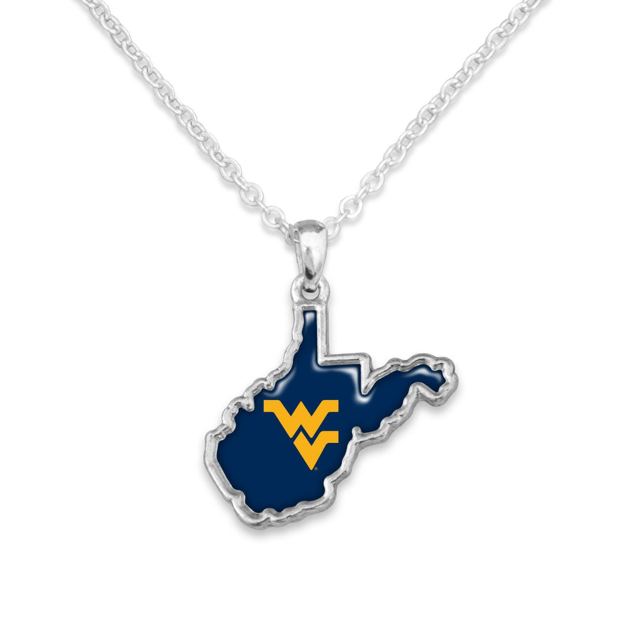 Officially Licensed WEST VIRGINIA MOUNTAINEERS Necklace - State of Mine Logo Pewter Charm Sterling Plated - West Virginia University