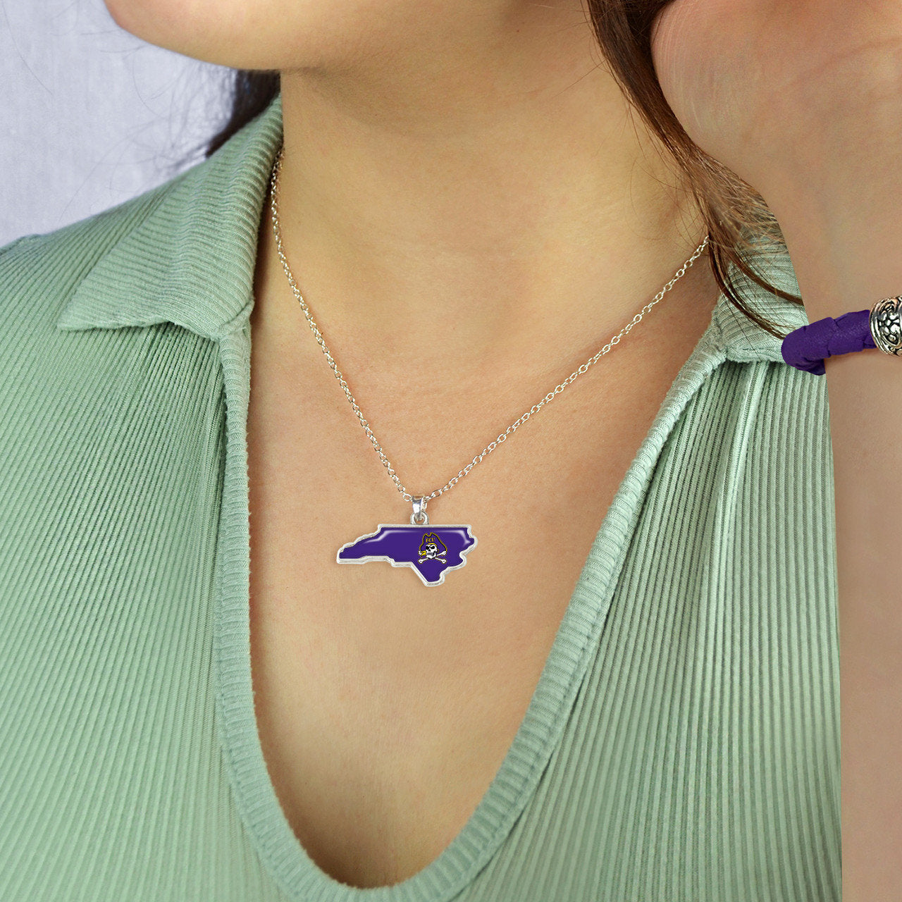 Officially Licensed EAST CAROLINA PIRATES Necklace - State of Mine Logo Pewter Charm Sterling Plated - East Carolina University