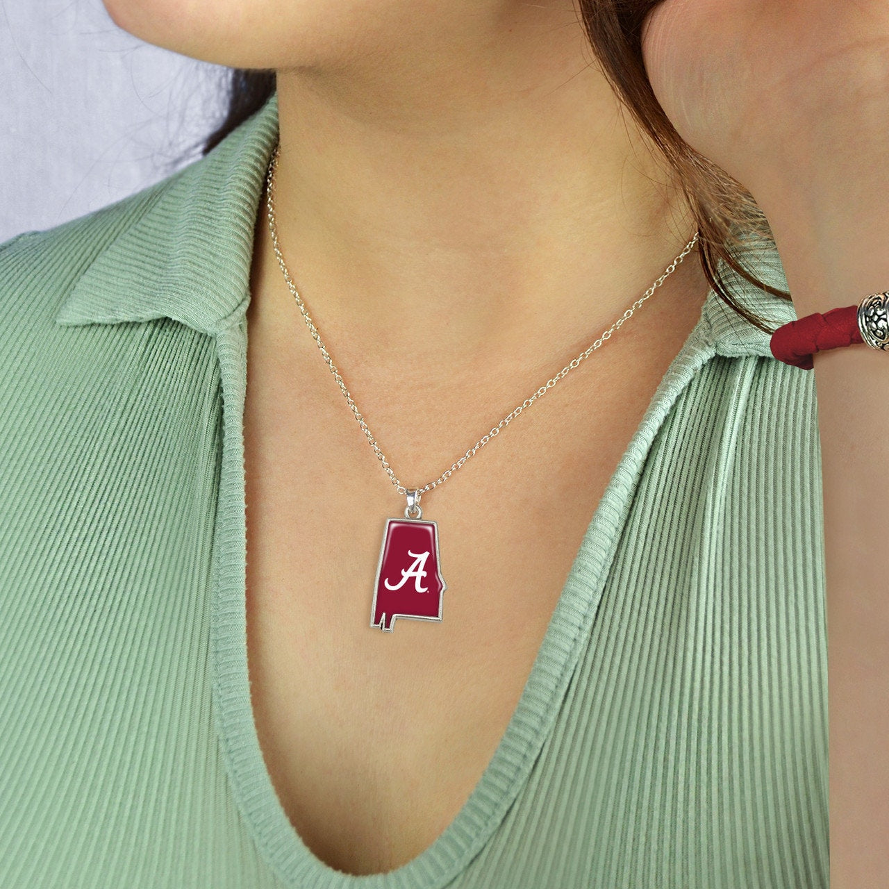 Officially Licensed ALABAMA CRIMSON TIDE Necklace - State of Mine Logo Pewter Charm Sterling Plated - University of Alabama