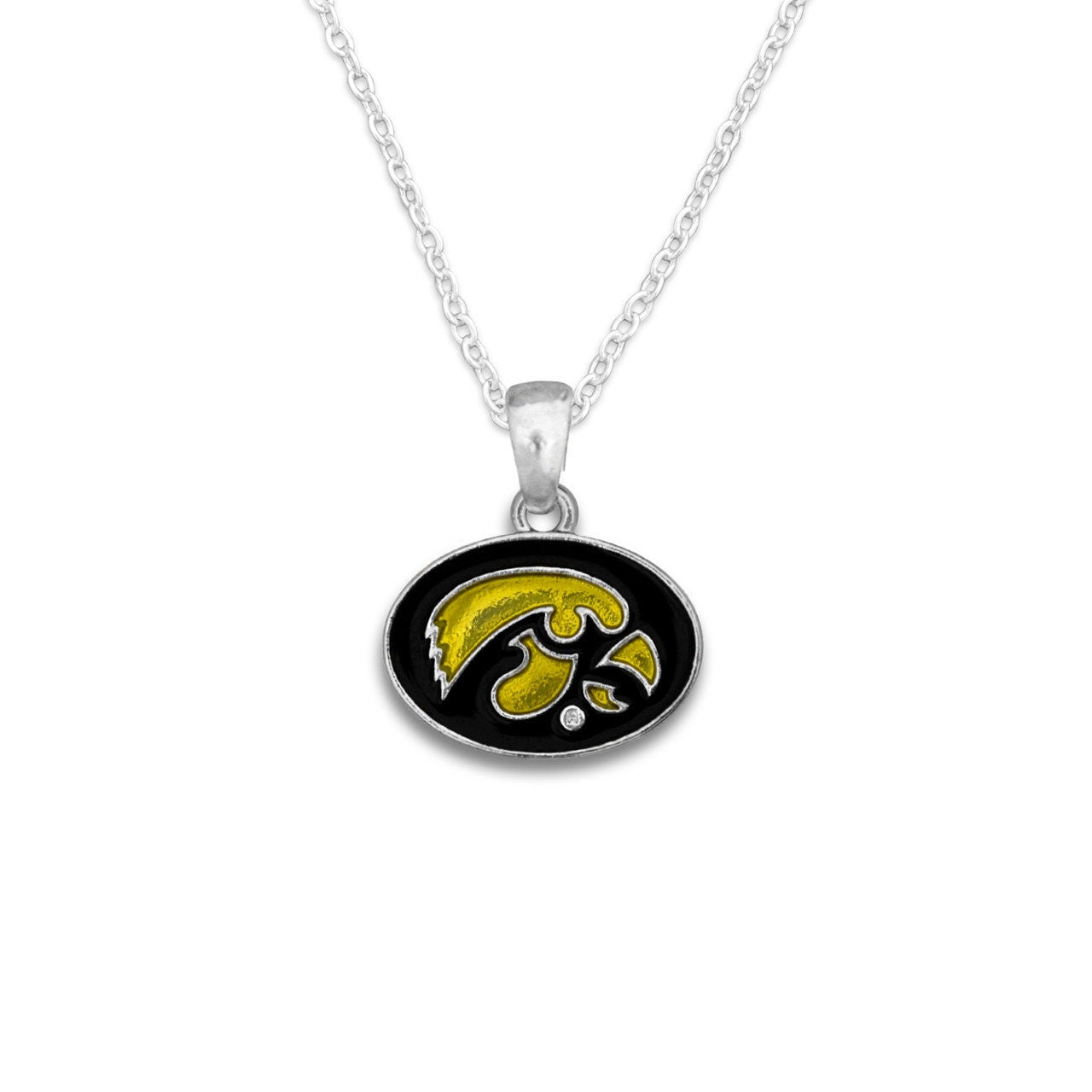 Officially Licensed IOWA HAWKEYES Necklace - Logo Pewter Charm Sterling Plated - University of Iowa Hawkeyes