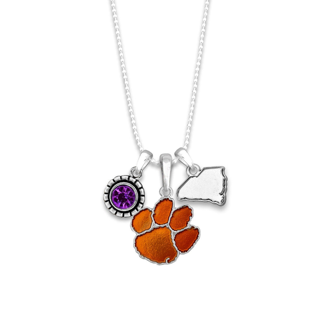 Officially Licensed CLEMSON TIGERS Necklace - Triple Charm Necklace with Crystal and South Carolina State Pewter Charms Sterling Plated