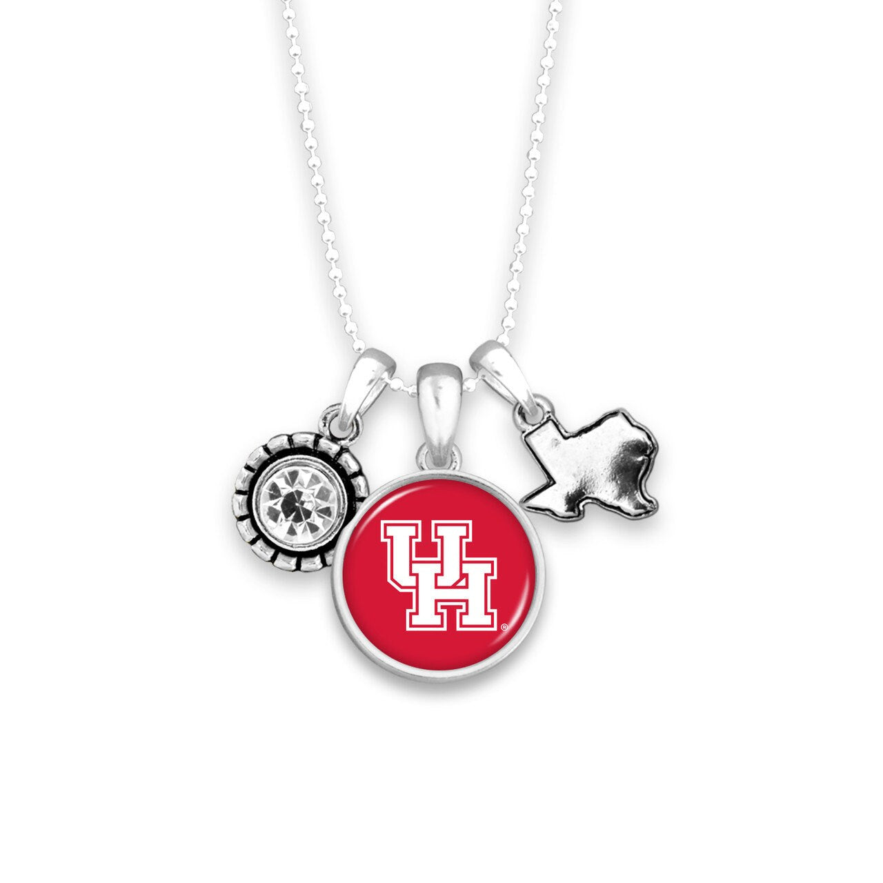 Officially Licensed HOUSTON COUGARS Necklace - Triple Charm Necklace with Crystal and Texas State Pewter Charms Sterling Plated