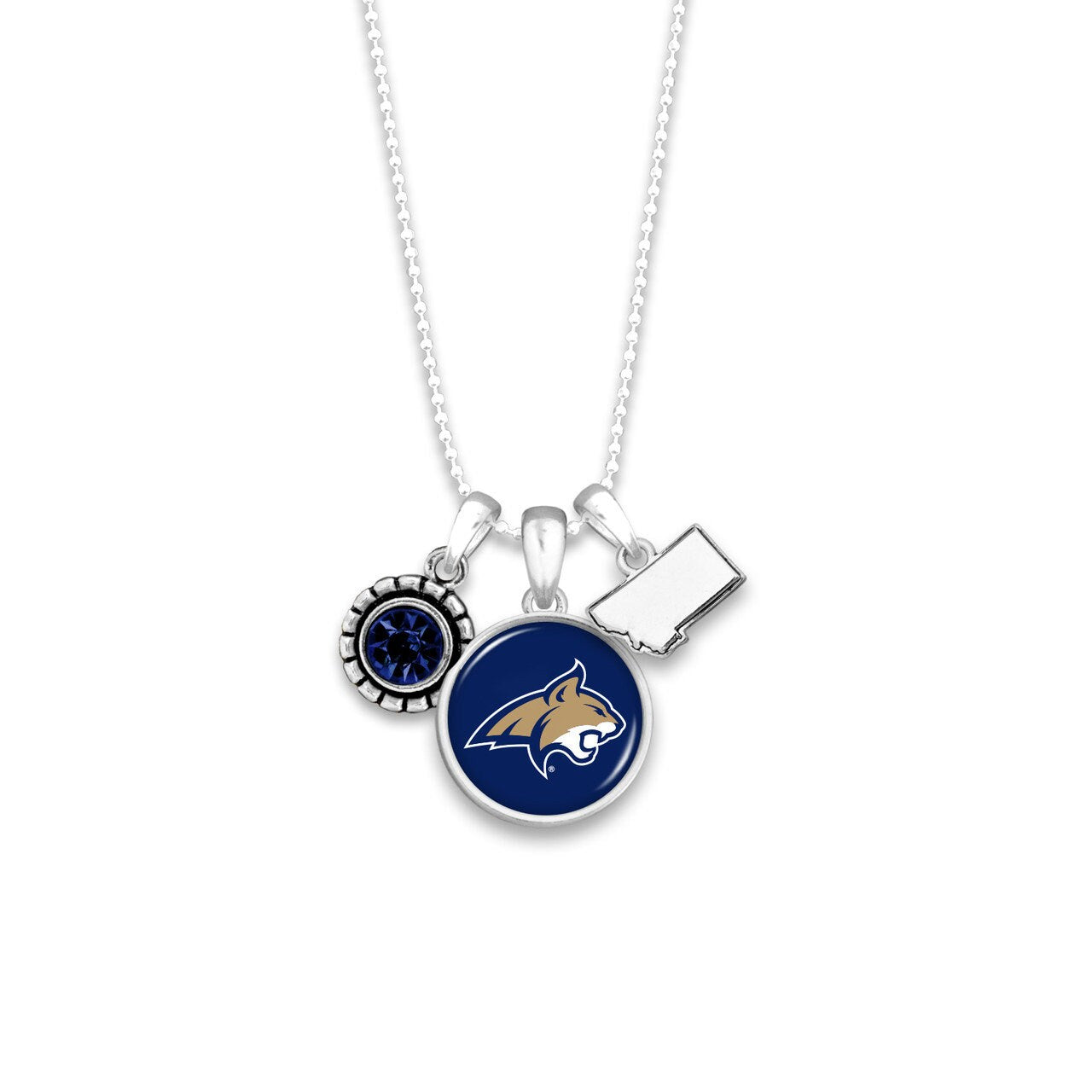 Officially Licensed MONTANA STATE BOBCATS Necklace - Triple Charm Necklace with Crystal and Montana State Pewter Charms Sterling Plated