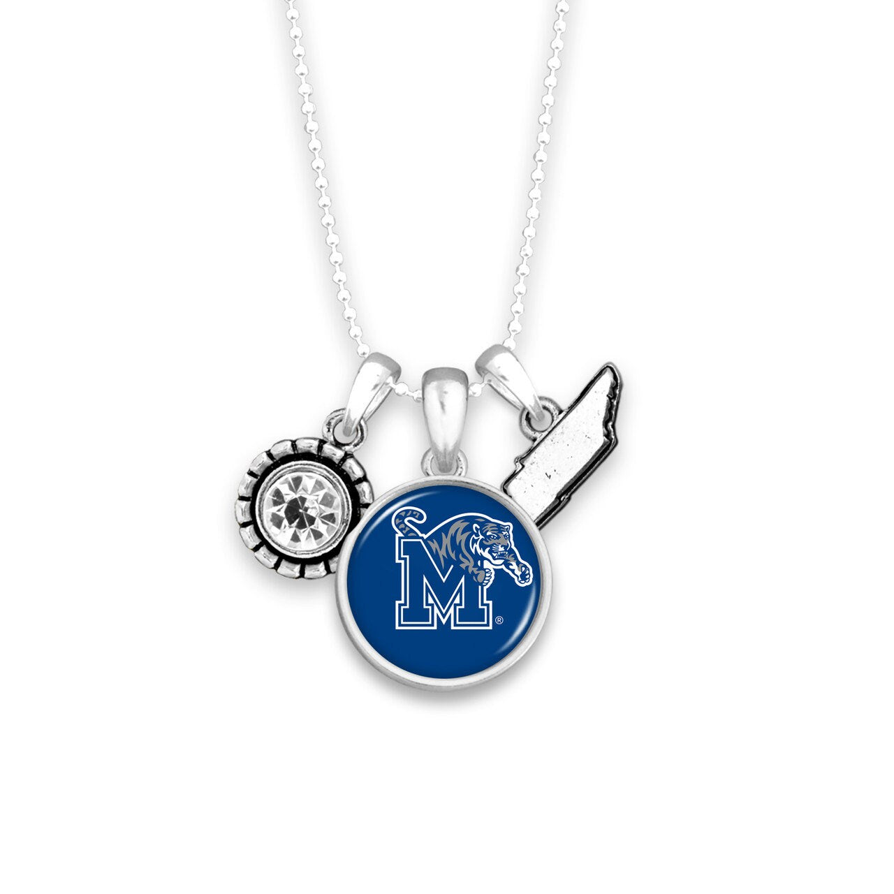 Officially Licensed MEMPHIS TIGERS Necklace - Triple Charm Necklace with Crystal and Tennessee State Pewter Charms Sterling Plated