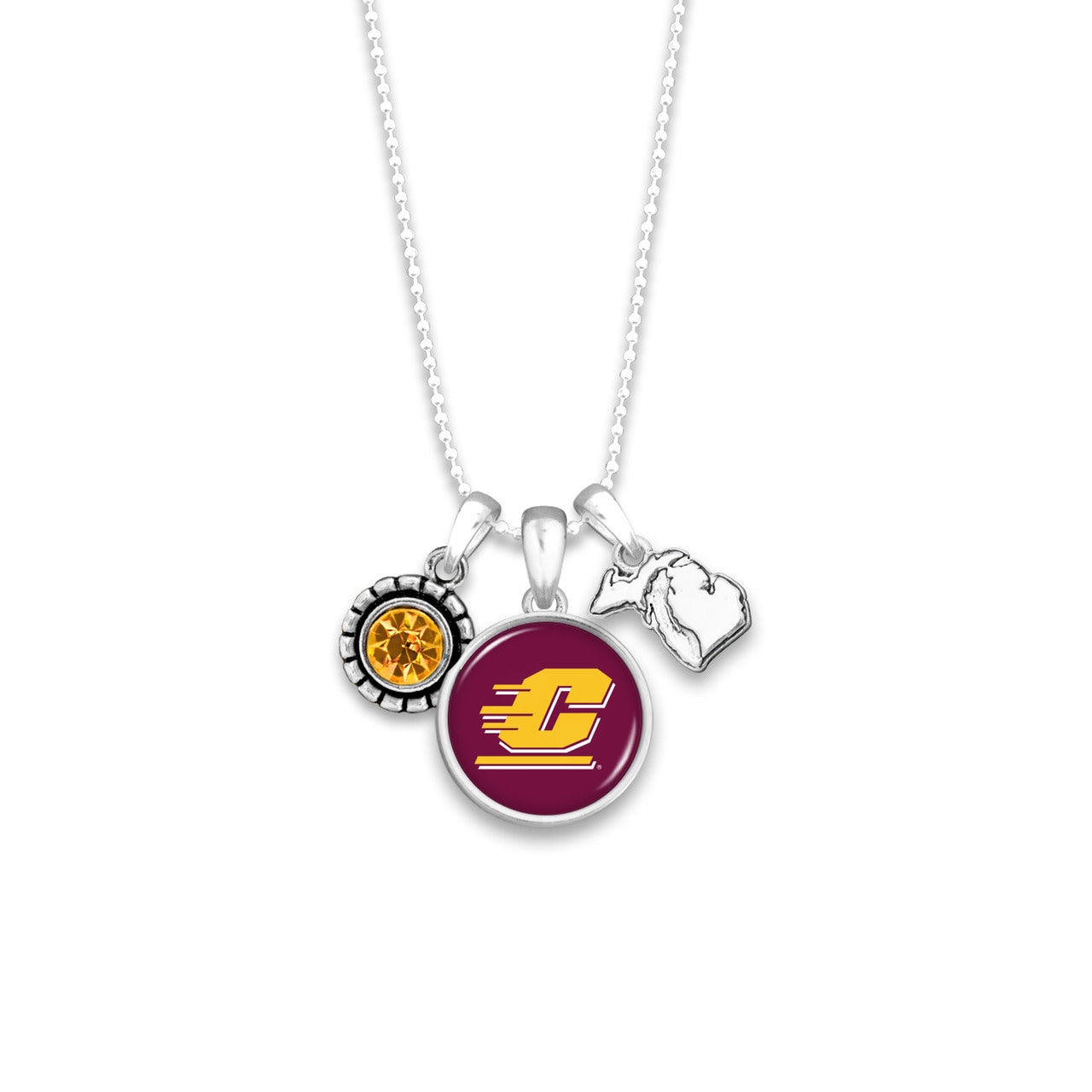 Officially Licensed CENTRAL MICHIGAN CHIPPEWAS Necklace - Triple Charm Necklace Crystal and Michigan State Pewter Charms Sterling Plated