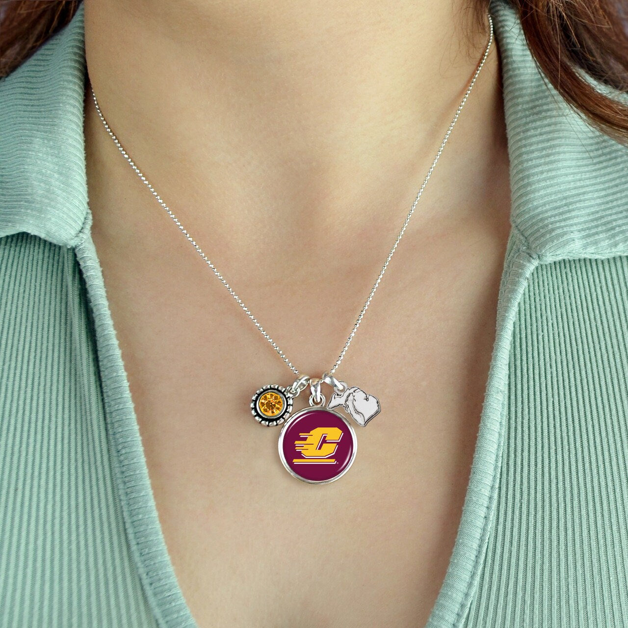 Officially Licensed CENTRAL MICHIGAN CHIPPEWAS Necklace - Triple Charm Necklace Crystal and Michigan State Pewter Charms Sterling Plated
