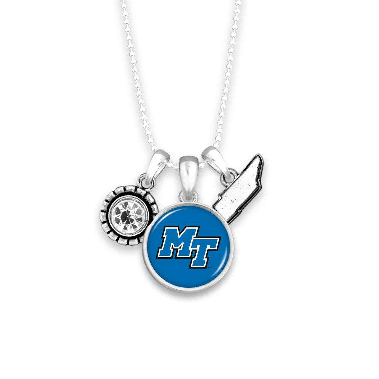 Officially Licensed MIDDLE TENNESSEE RAIDERS Necklace - Triple Charm Necklace with Crystal and Tennessee State Pewter Charms Sterling Plated