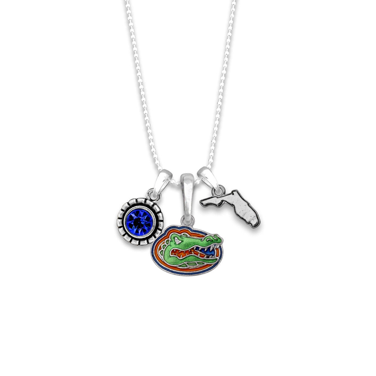 Officially Licensed FLORIDA GATORS Necklace - Triple Charm Necklace with Crystal and Florida State Pewter Charms Sterling Plated