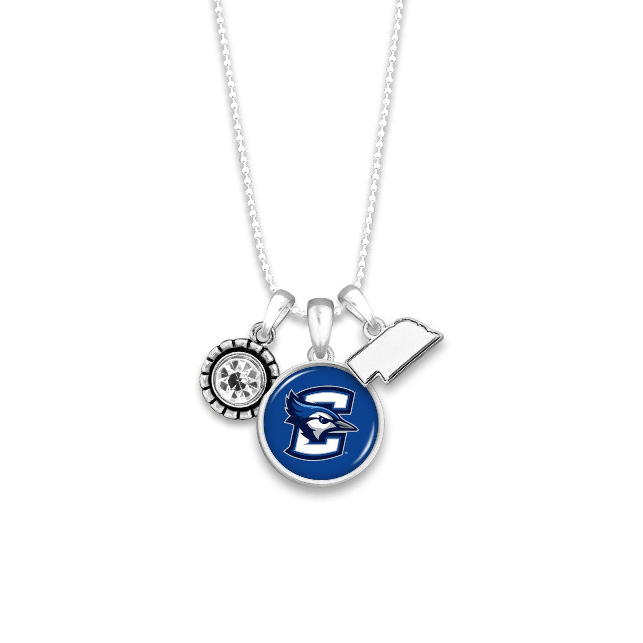 Officially Licensed CREIGHTON BLUEJAYS Necklace - Triple Charm Necklace with Crystal and Nebraska State Pewter Charms Sterling Plated