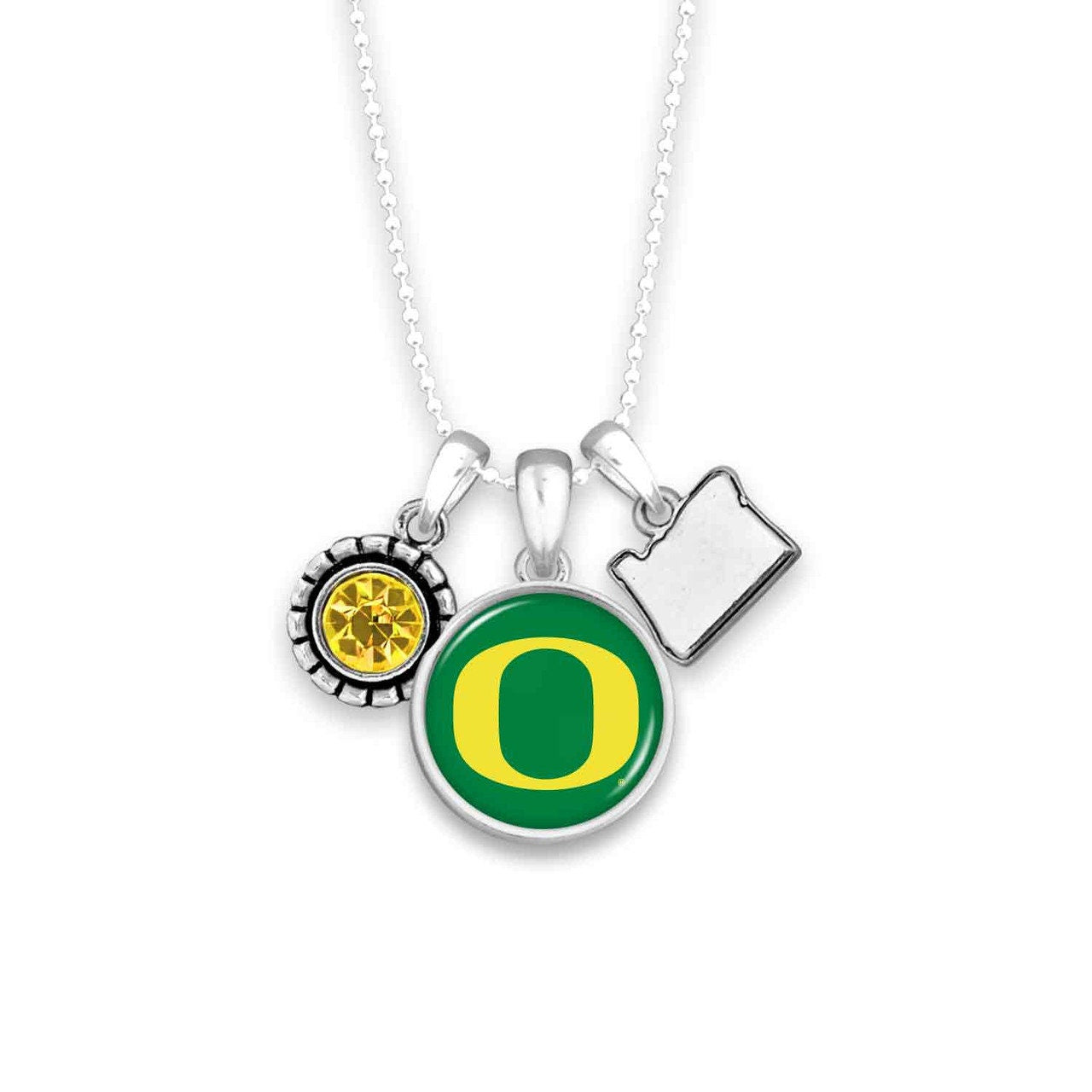 Officially Licensed OREGON DUCKS Necklace - Triple Charm Necklace with Crystal and Oregon State Pewter Charms Sterling Plated