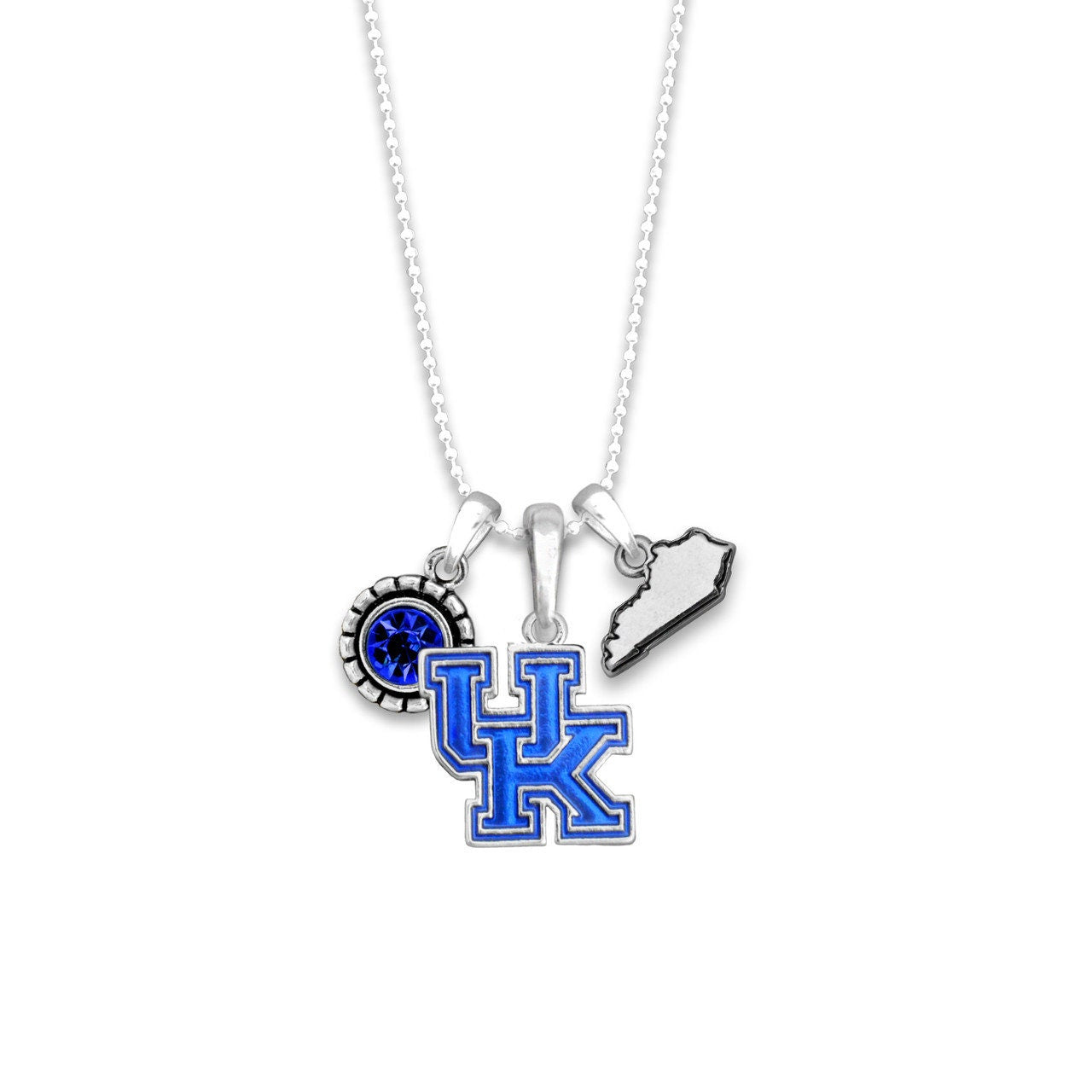 Officially Licensed KENTUCKY WILDCATS Necklace - Triple Charm Necklace with Crystal Kentucky State Pewter Charms Sterling Plated