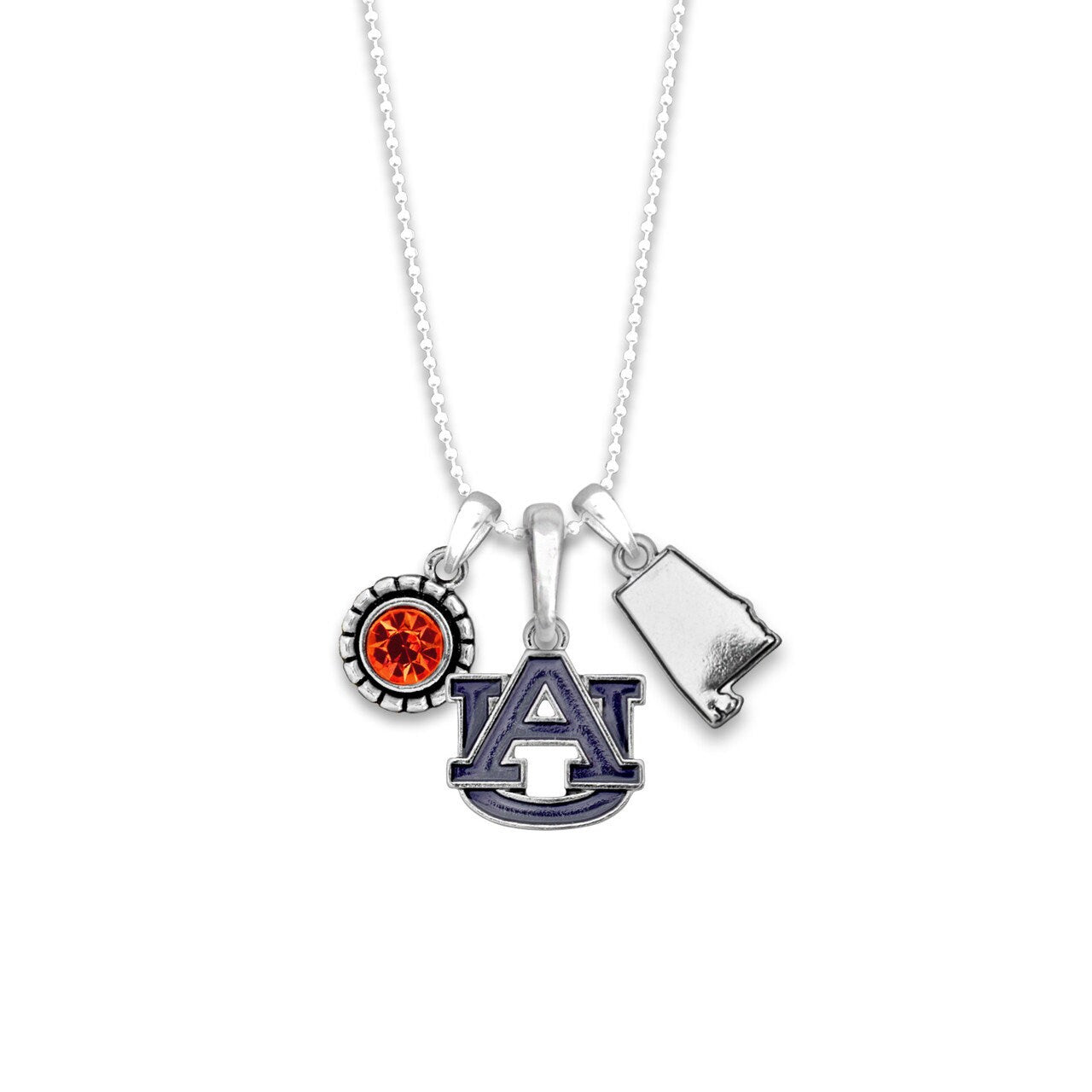 Officially Licensed AUBURN TIGERS Necklace - Triple Charm Necklace with Crystal Alabama State Pewter Charms Sterling Plated