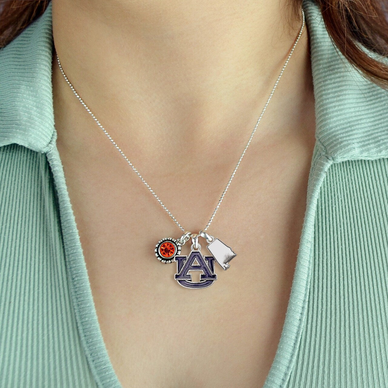 Officially Licensed AUBURN TIGERS Necklace - Triple Charm Necklace with Crystal Alabama State Pewter Charms Sterling Plated