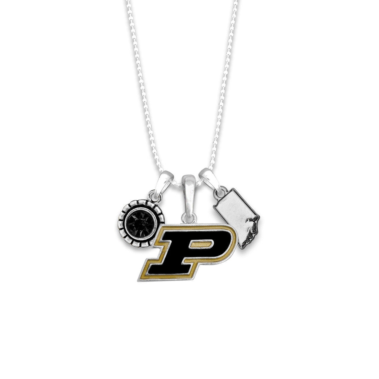 Officially Licensed PURDUE BOILERMAKERS Necklace - Triple Charm Necklace with Crystal Indiana State Pewter Charms Sterling Plated