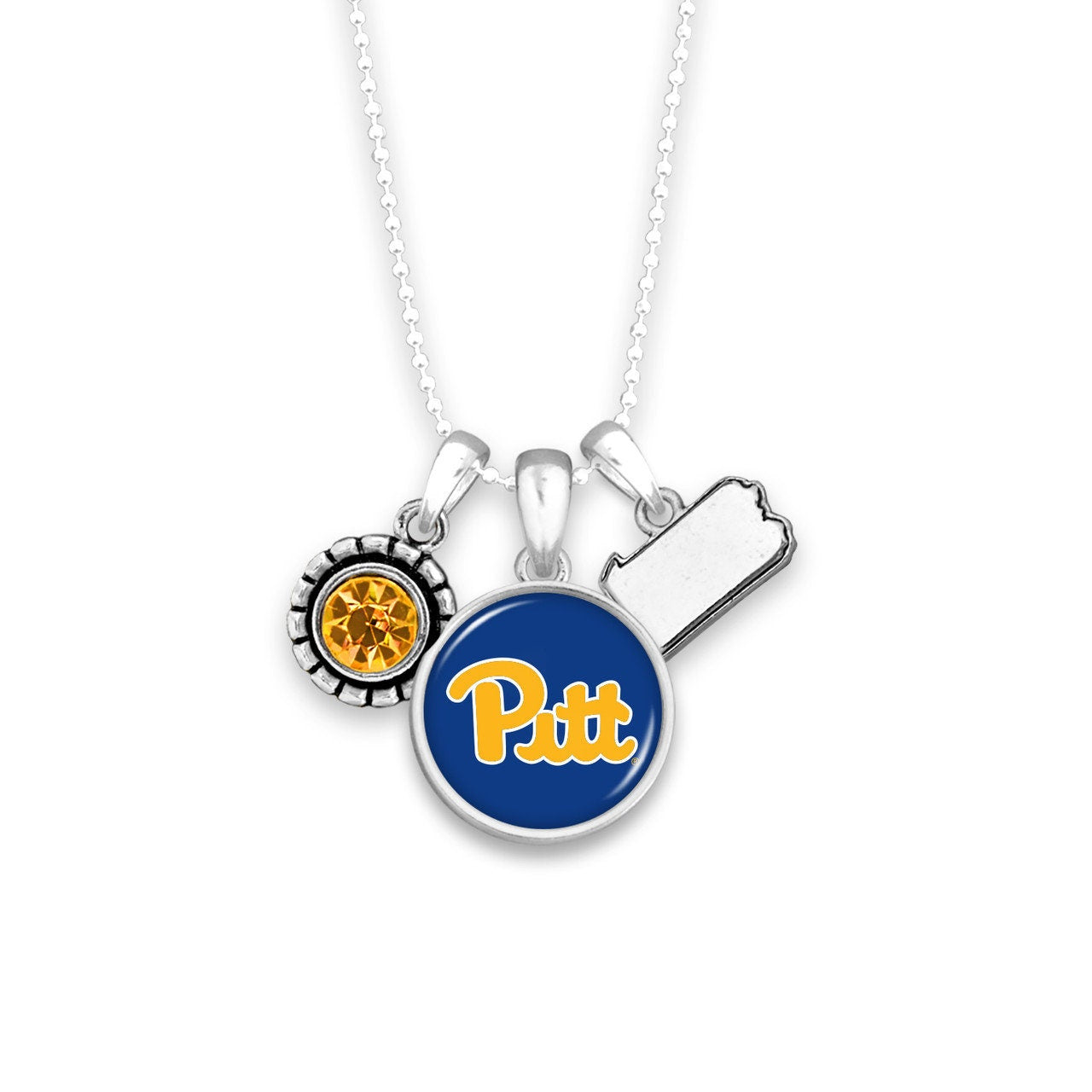 Officially Licensed PITTSBURGH PANTHERS PITT Necklace - Triple Charm Necklace with Crystal Pennsylvania State Pewter Charms Sterling Plated