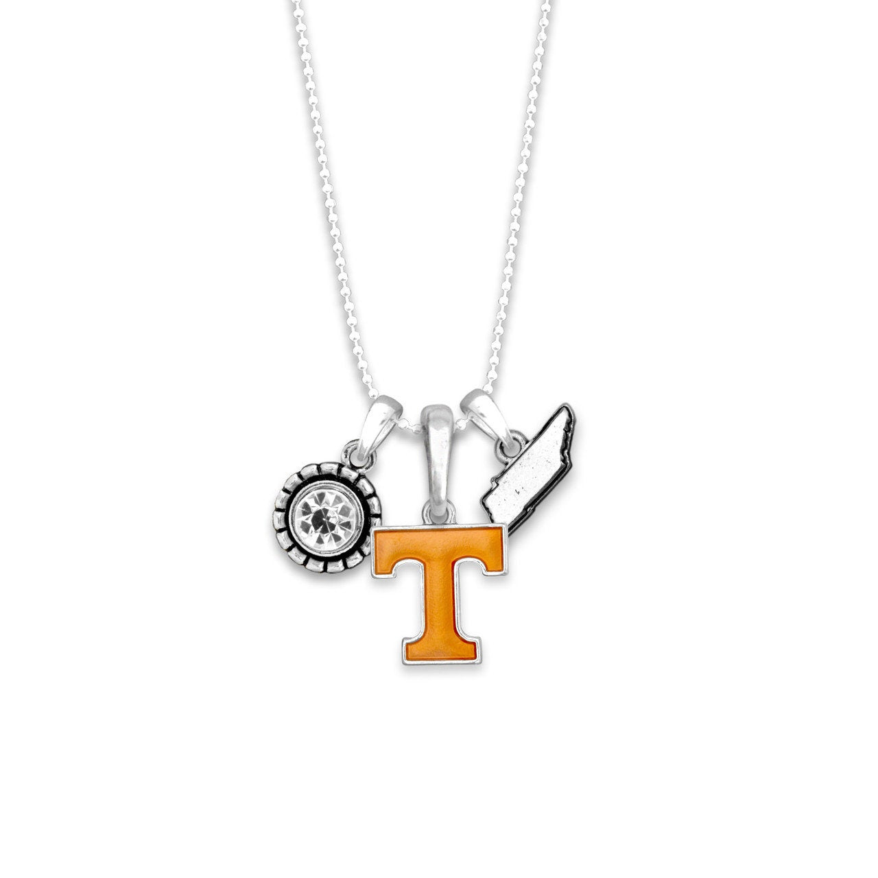 Officially Licensed TENNESSEE VOLUNTEERS Vols Necklace - Triple Charm Necklace with Crystal Tennessee State Pewter Charms Sterling Plated