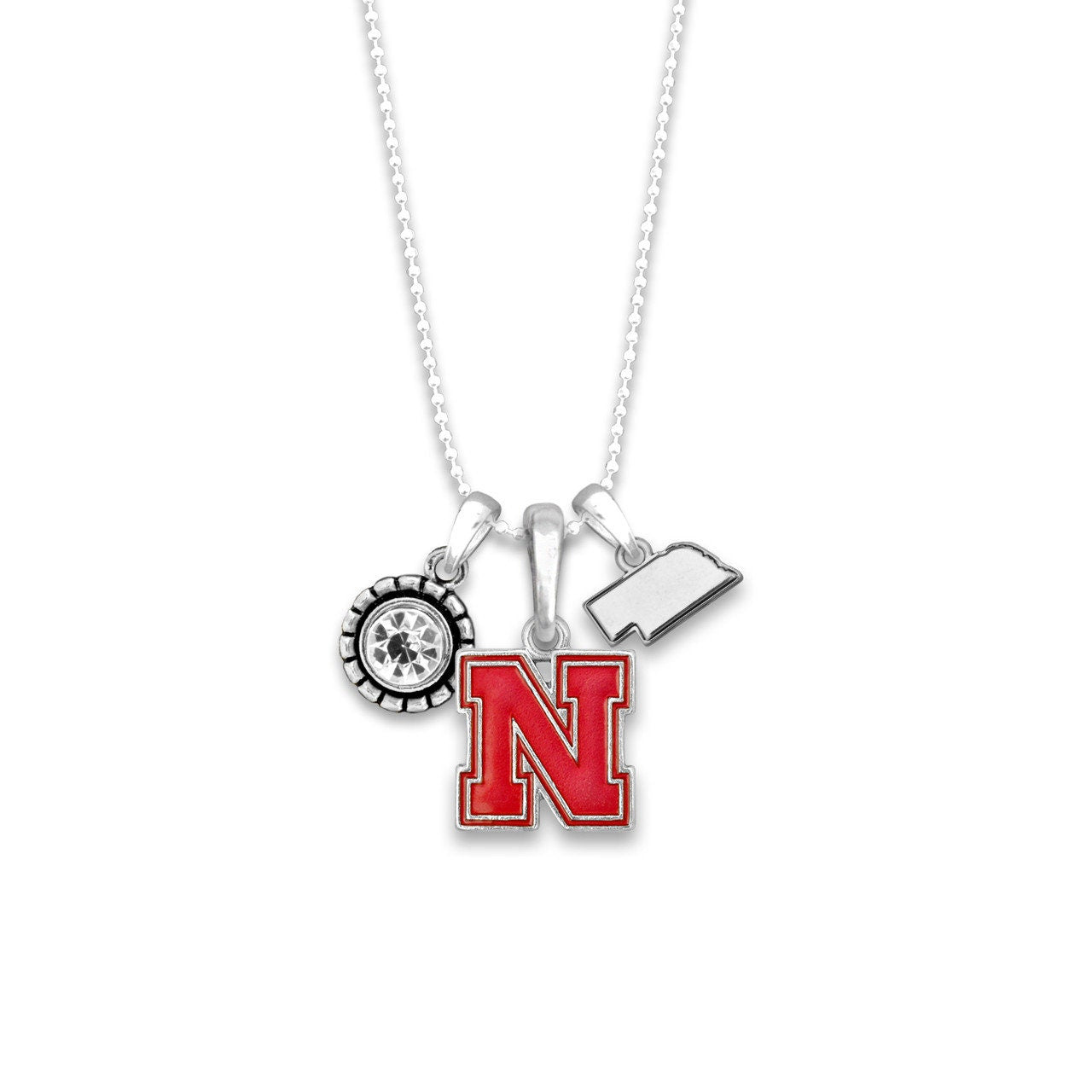 Officially Licensed NEBRASKA CORNHUSKERS Necklace - Triple Charm Necklace with Crystal Nebraska State Pewter Charms Sterling Plated
