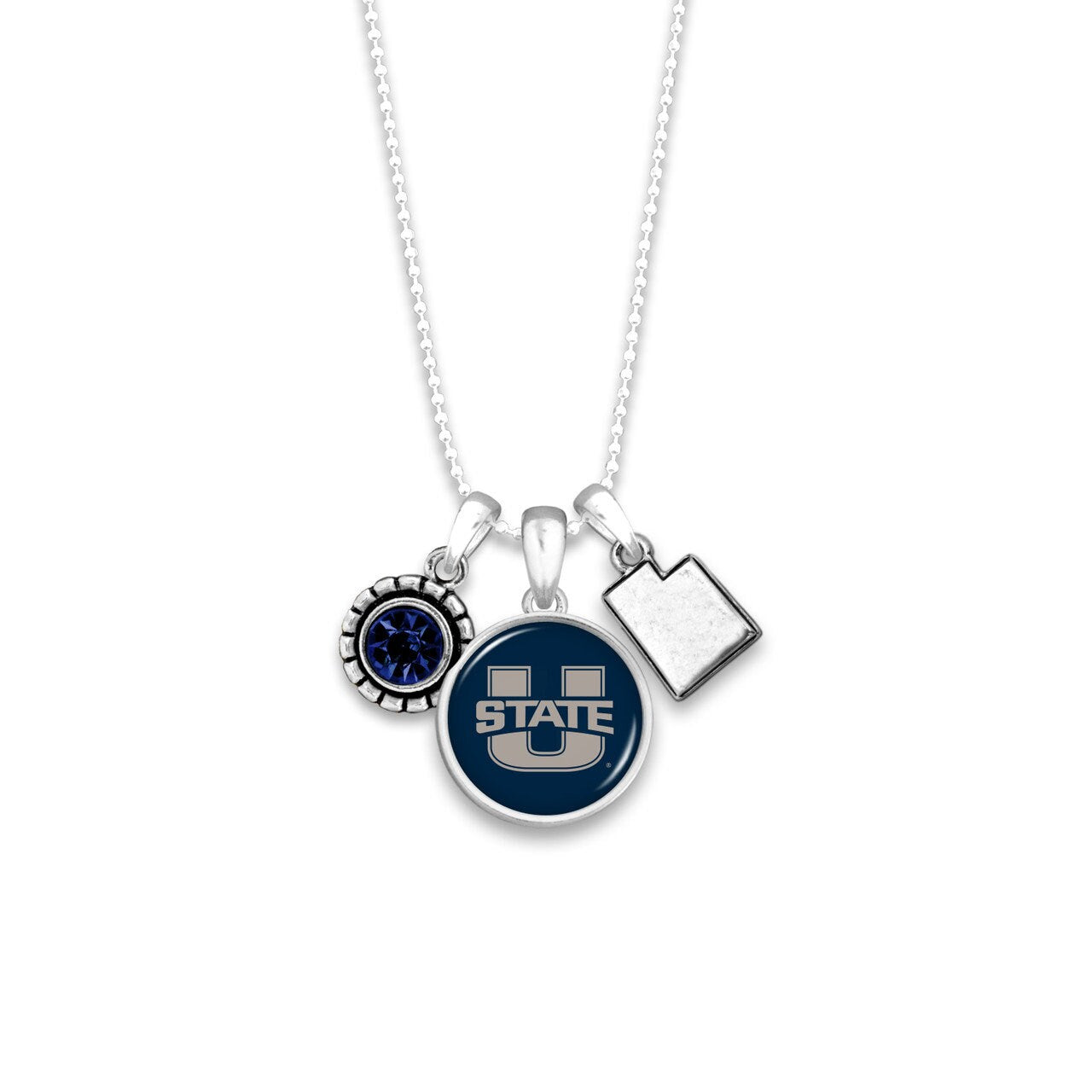 Officially Licensed UTAH STATE AGGIES Necklace - Triple Charm Necklace with Crystal Utah State Pewter Charms Sterling Plated