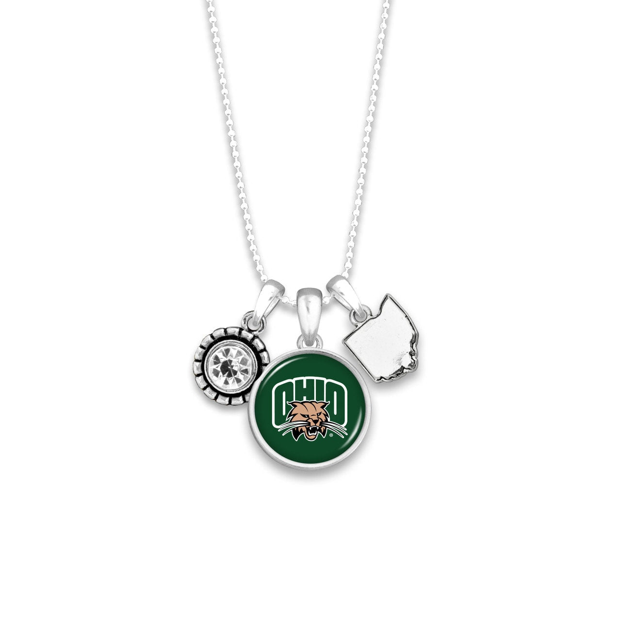 Officially Licensed OHIO BOBCATS Necklace - Triple Charm Necklace with Crystal Ohio State Pewter Charms Sterling Plated