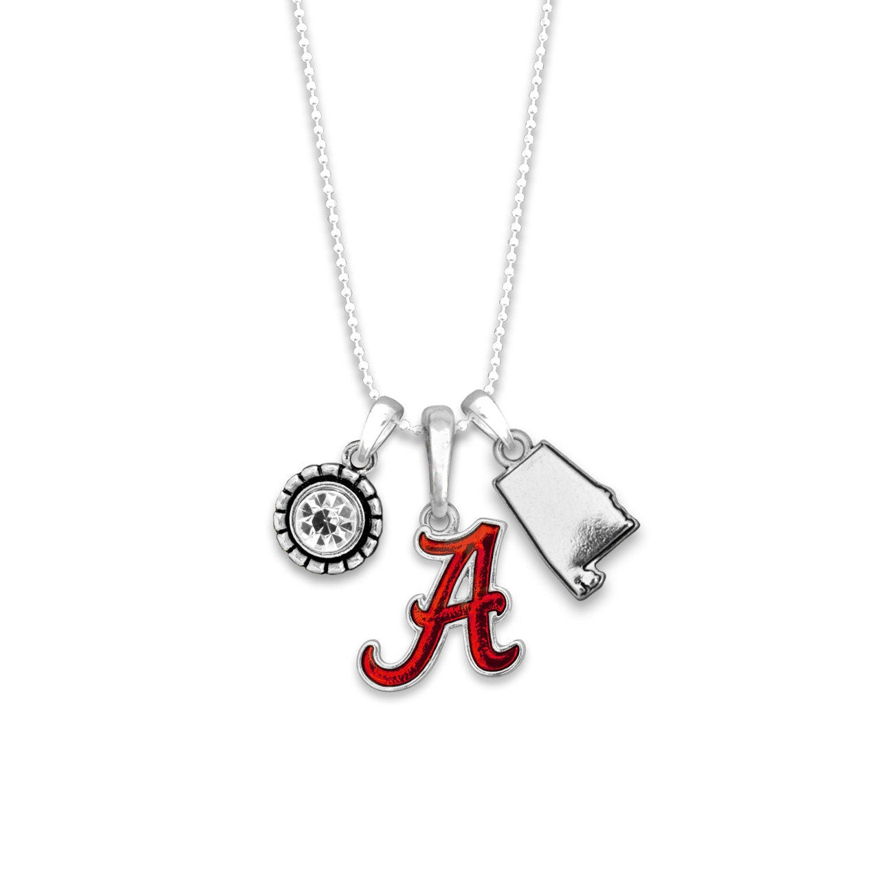 Officially Licensed ALABAMA CRIMSON TIDE Necklace - Triple Charm Necklace with Crystal Alabama State Pewter Charms Sterling Plated