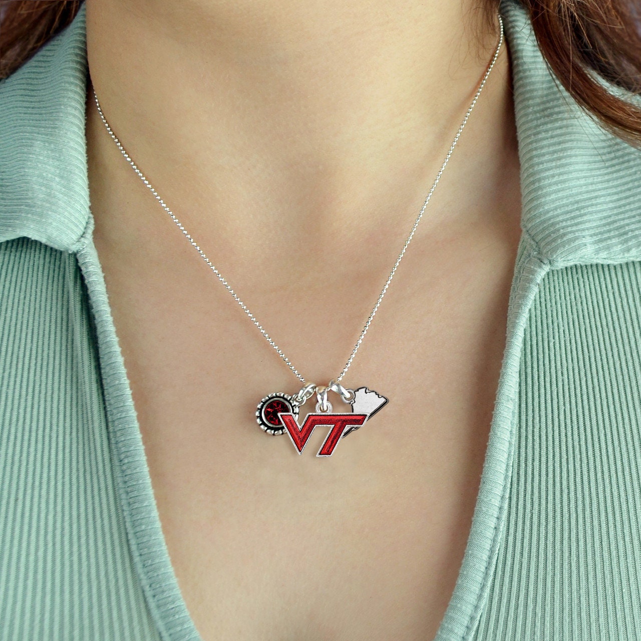 Officially Licensed VIRGINIA TECH HOKIES Necklace - Triple Charm Necklace with Crystal Virginia State Pewter Charms Sterling Plated