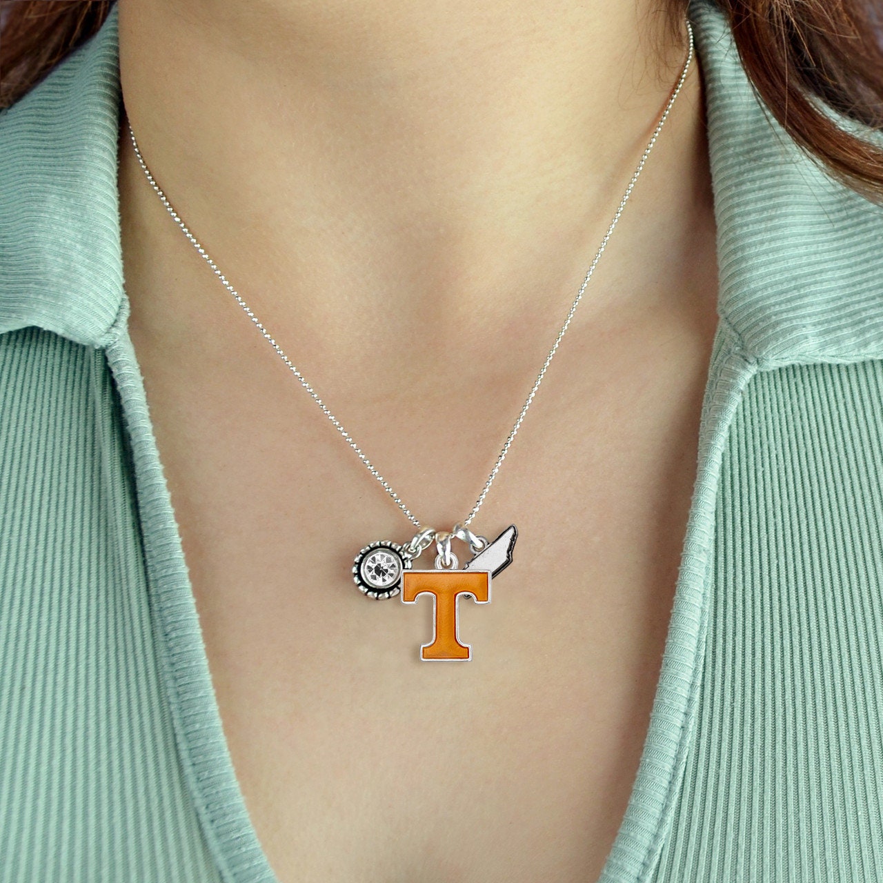Officially Licensed TENNESSEE VOLUNTEERS Vols Necklace - Triple Charm Necklace with Crystal Tennessee State Pewter Charms Sterling Plated