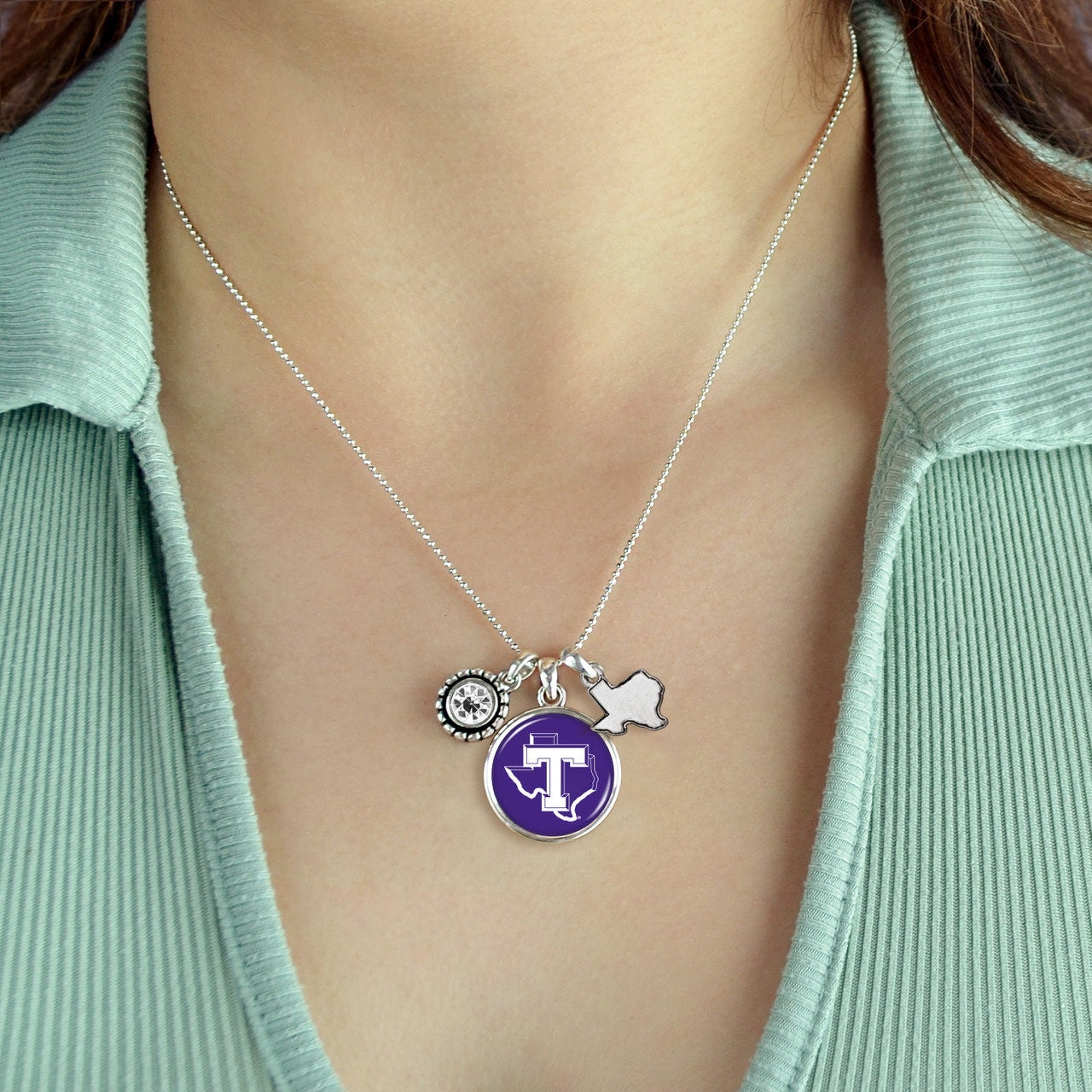 Officially Licensed TARLETON STATE TEXANS Necklace - Triple Charm Necklace with Crystal Texas State Pewter Charms Sterling Plated