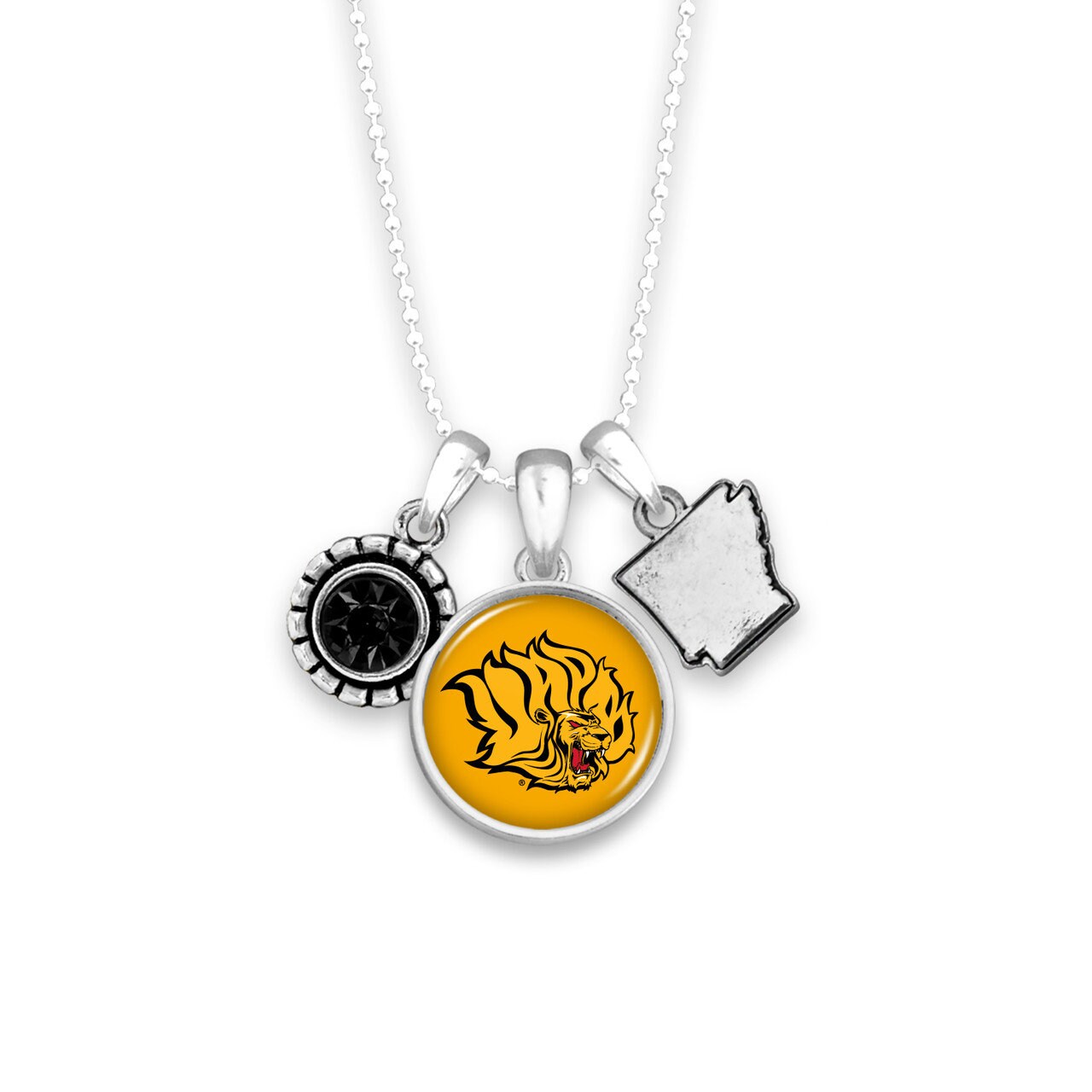 Officially Licensed ARKANSAS PINE BLUFF Necklace - Triple Charm Necklace with Crystal Arkansas State Pewter Charms Sterling Plated